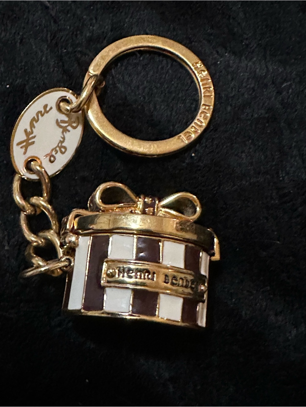 HENRI BENDEL original Striped Gift Box Keychain Brown & White Enamel Collectable